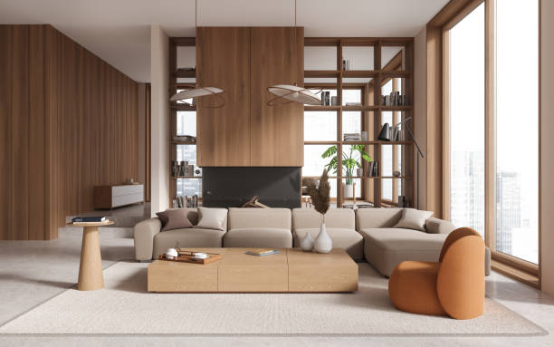 istock Elegant home living room interior with couch and fireplace, panoramic window 1791194740