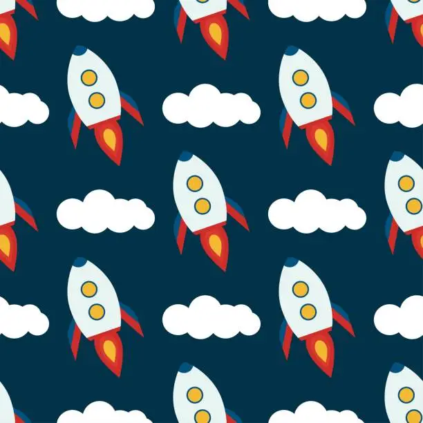 Vector illustration of Rockets and clouds space seamless pattern