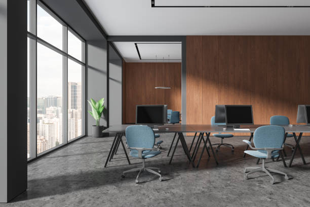 istock Gray and wooden open space office and board room 1791196507