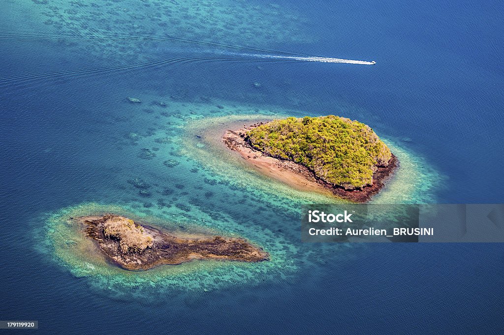 aerial view, island, lagoon, coral reef, Island, aerial view, Mayotte Aerial view of Mayotte's lagoon, coral reef, islands and boat. Mayotte Stock Photo