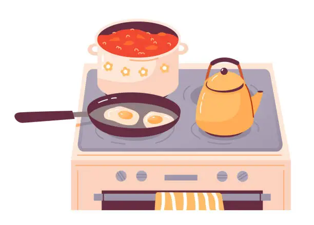 Vector illustration of Kettles and pot on the kitchen stove. Soup and fried eggs are cooked on the stove. Home cooking. Cartoon flat vector illustration.