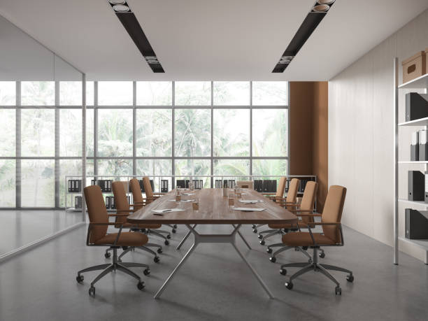 istock Brown and wooden board room interior 1791212941