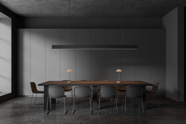 istock Gray office board room interior with long table 1791213601