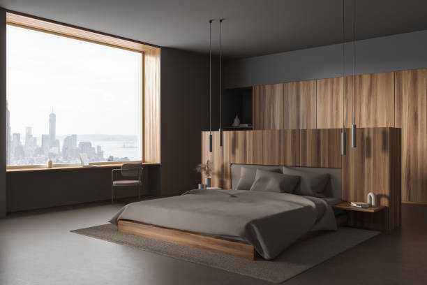 istock Gray bedroom corner with wardrobe and table 1791215257