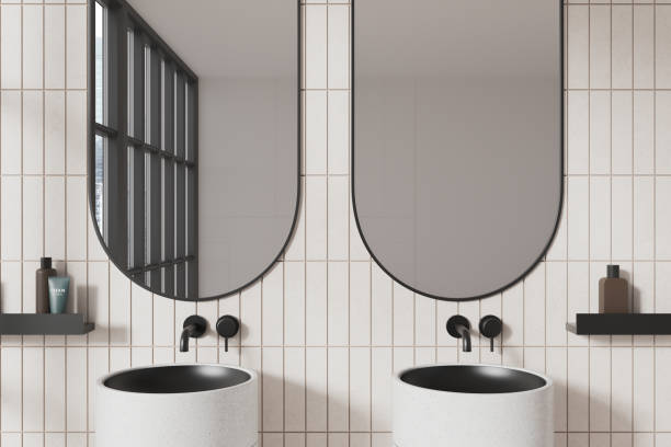 istock Elegant home bathroom interior with double sink and accessories on shelf 1791217411