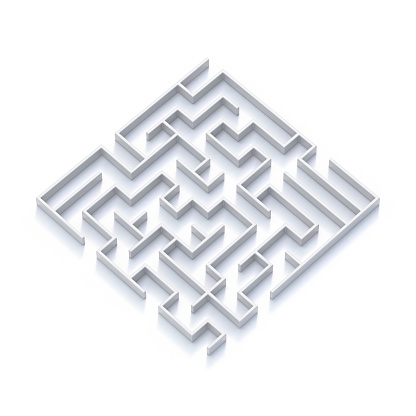 White labyrinth Side view with shadows 3D rendering illustration isolated on white background