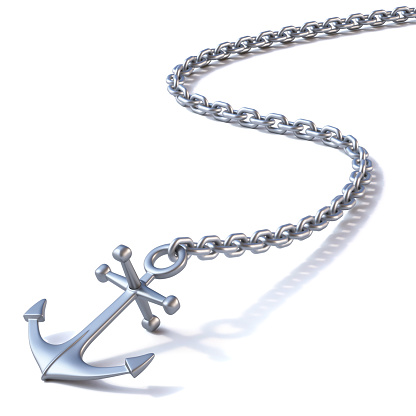 Steel anchor with long chain 3D rendering illustration isolated on white background