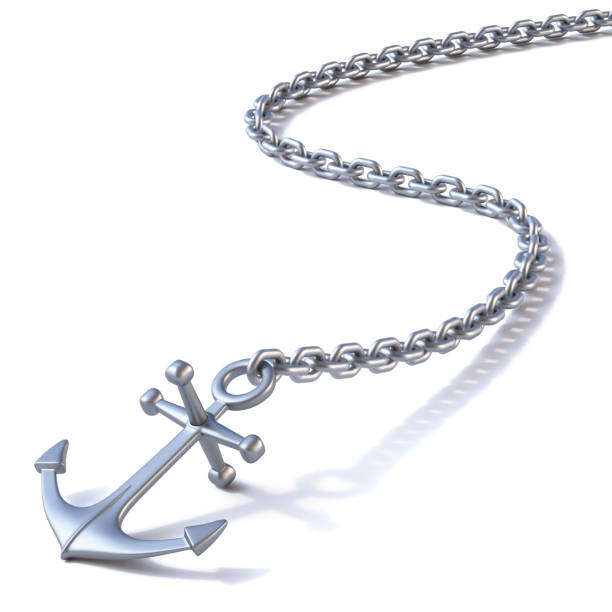 Steel anchor with long chain 3D Steel anchor with long chain 3D rendering illustration isolated on white background anchor chain stock pictures, royalty-free photos & images