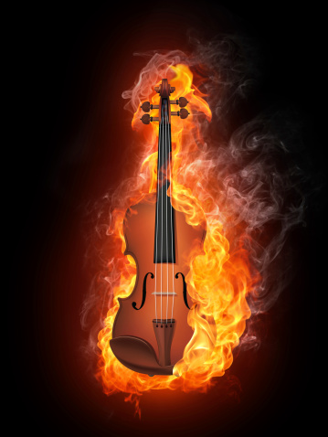 Violin in Fire Isolated on Black Background