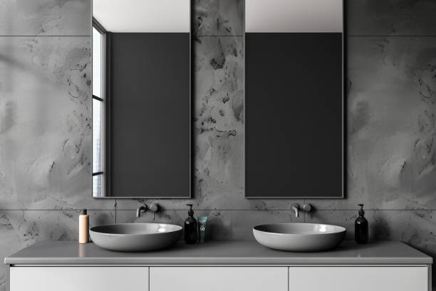 istock Gray marble bathroom interior with double sink 1791220168