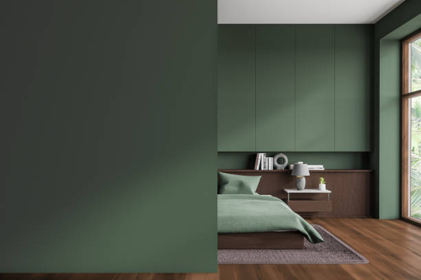 istock Dark home bedroom interior with bed and decoration, window. Mock up wall 1791221241