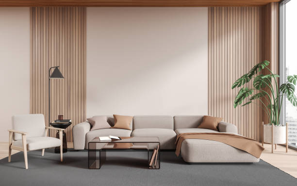 istock Beige home living room interior with couch and coffee table, mockup wall 1791222811