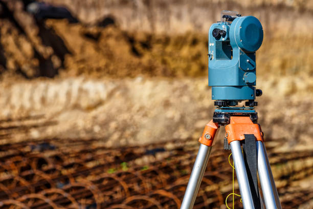 istock Surveyor equipment GPS system or theodolite outdoors at highway construction site.Measuring instrument close-up. Surveyor engineering with total station 1791223351
