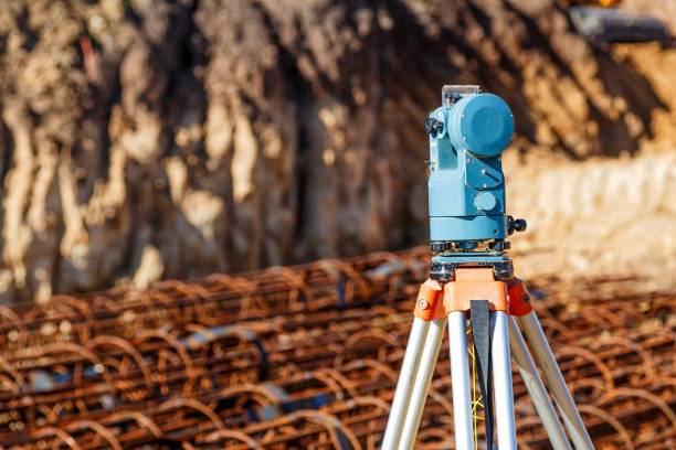 istock Surveyor equipment GPS system or theodolite outdoors at highway construction site.Measuring instrument close-up. Surveyor engineering with total station 1791223368