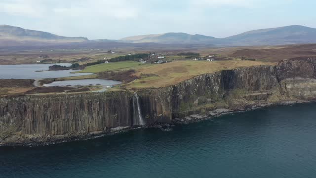 The drone aerial footage of Kilt Rock and Mealt waterfall