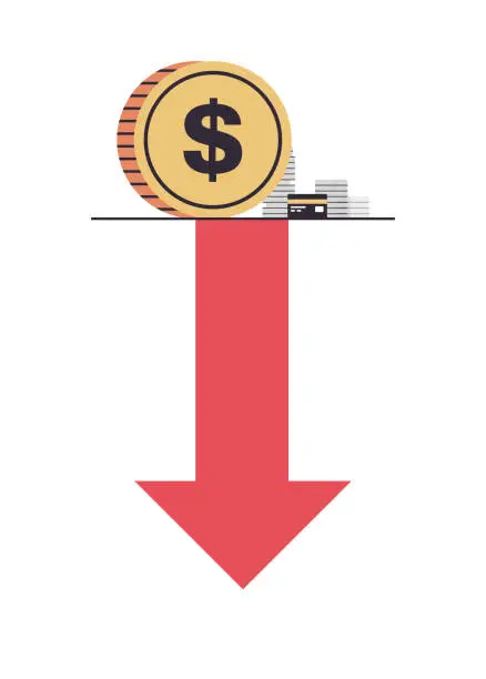 Vector illustration of Dollar sign falling down and financial crisis bankruptcy with downward red arrow recession.
