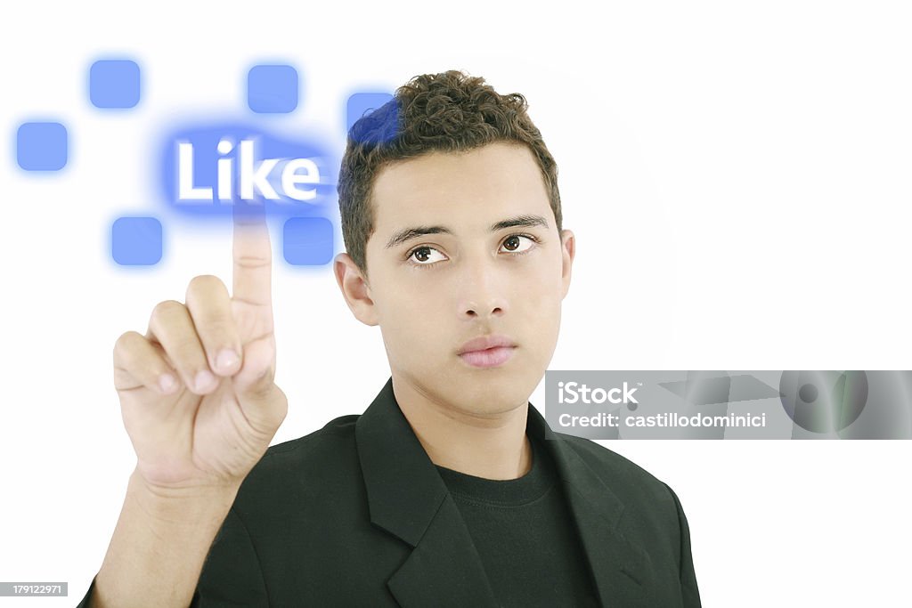 man pressing a touchscreen like button man pressing a touchscreen like button, isolated on white Admiration Stock Photo