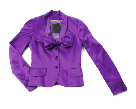 Purple satin blazer with bow tie and crystal buttons isolated on white background.
