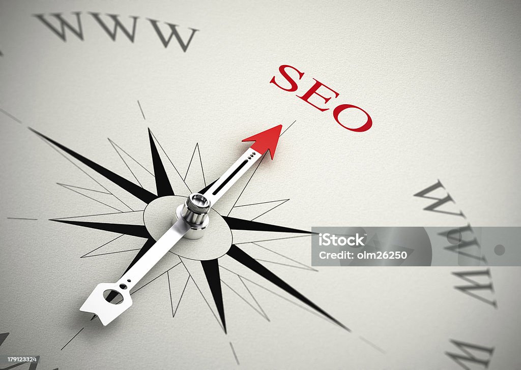 Web Marketing, SEO Compass with arrow pointing to SEO, 3D render with blur effect suitable for search engine optimization purpose Arrow Symbol Stock Photo