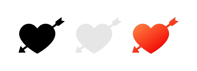 Heart pierced by an arrow. Different styles, red, heart with arrow icons. Vector icons