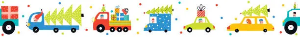 Vector illustration of Cars are carrying Christmas trees.