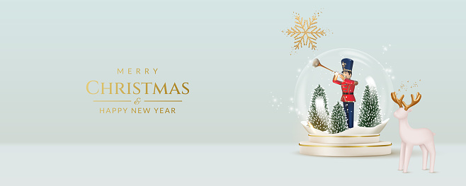 Christmas and New Year greeting card with transparent snow globe, with trees and toy soldier, deer and snowflake.