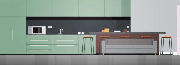 Vector illustration of Modern kitchen interior no people and home appliances.