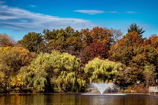 A scenic view of a fountain in a park on a sunny autumn day