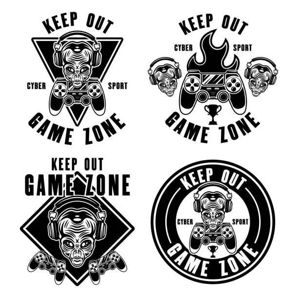 Vector illustration of Keep out game zone set of vector emblems, signs or stickers with alien head in headphones and gamepad in black style on white background
