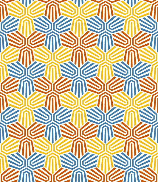 Vector illustration of Seamless repeating pattern with striped intertwined geometric elements. Ethnic design in retro style. Vector illustration.