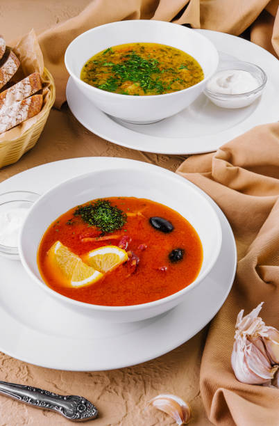 istock Solyanka soup and chicken soup on top view 1791242790