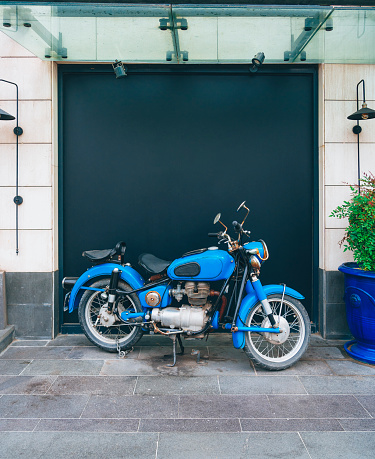 Classic Motorcycle in Front of Black Wall, Istanbul, Turkey