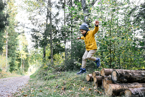 A four-year-old boy, enjoying an autumn day in the forest, explores a pile of felled logs, happily jumping and playing among them. His face lights up with joy as he revels in the simple pleasures of nature. The vibrant autumn colors and playful moments create an atmosphere of delight and childlike innocence.