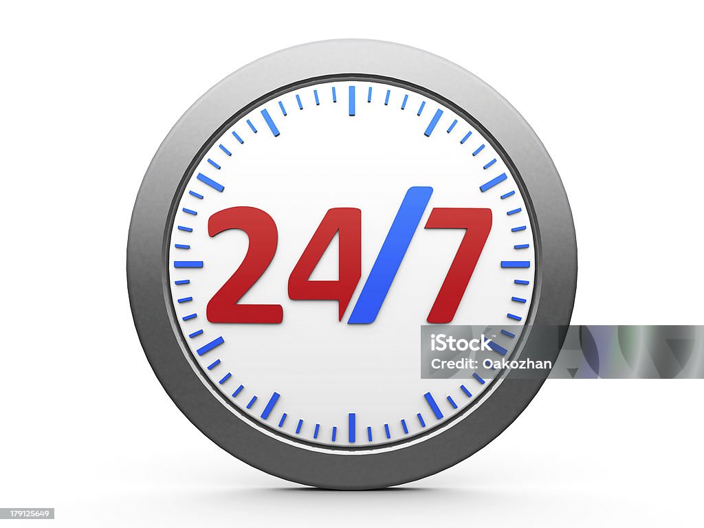 Round-the-clock service icon Round-the-clock emblem on white background represents 24 hours service, three-dimensional rendering 20-24 Years Stock Photo