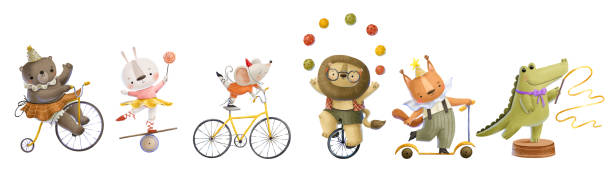 circus animals. Cute childish show perfomace for kids. Acrobats. circus animals. Cute childish show perfomace for kids. Acrobats. Circus show. Cute baby circus animals in cartoon style isolated on white background. Aanimals characters party for kids celebration. cirque de soleil stock illustrations