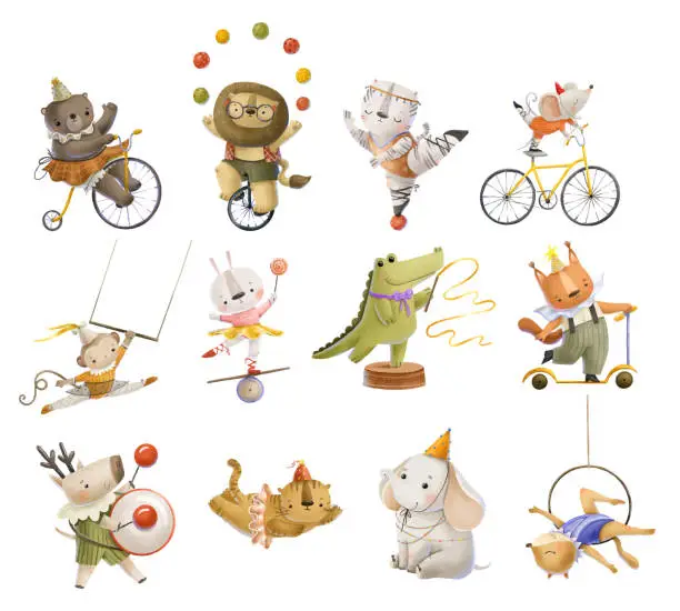 Vector illustration of Collection of funny cartoon circus animals acrobats. Circus show