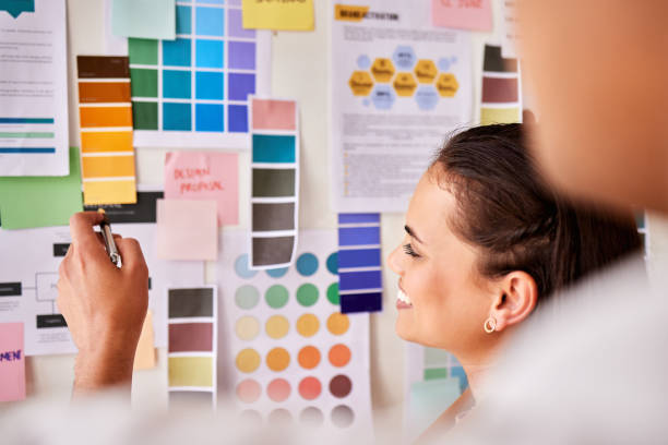 istock Designer, color palette and people planning creative project, brand development or b2b collaboration advice. Ideas brainstorming on moodboard of design worker, woman and client for choice or decision 1791262758