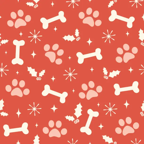 Vector illustration of cute christmas seamless vector pattern illustration with paw prints, bones, stars, mistletoe and snowflakes on red background