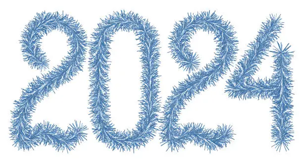 Vector illustration of Tinsel. 2024. Lettering from a festive Christmas decoration. Fluffy blue numbers. Cute plush message