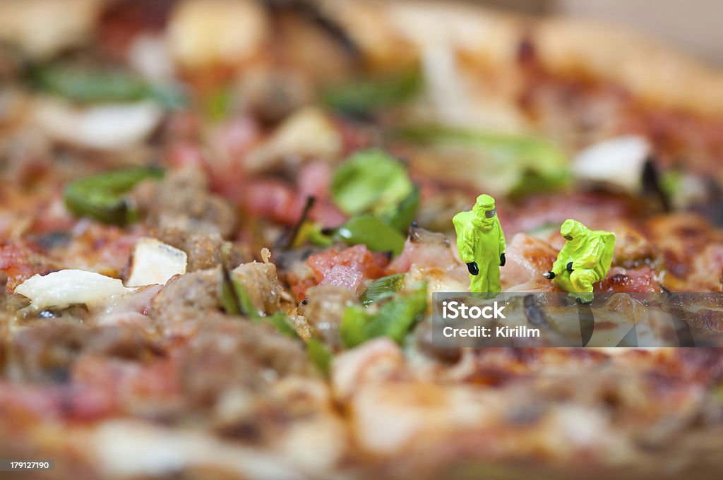 Group of scientists inspecting pizza. Group of scientists inspecting pizza. Unhealthy food concept Chicken Meat Stock Photo