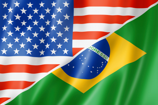 Mixed USA and Brazil flag, three dimensional render, illustration