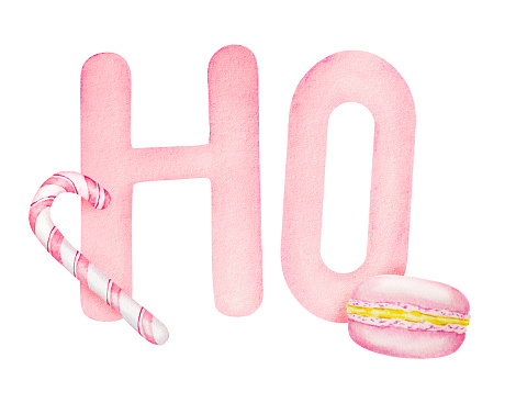 Watercolor hand drawn illustration of Santa Claus phrase Ho Ho Ho, macaron, candy cane in pink. Merry Christmas and Happy New Year holiday symbol and sweets clip art for greeting card, party invitations, posters, textile, notebooks, stickers, prints