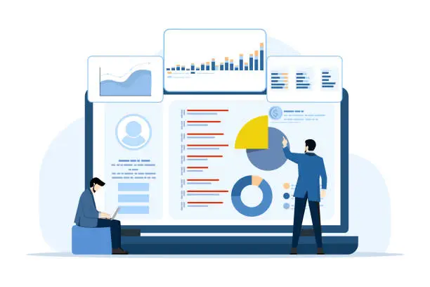 Vector illustration of Concept of data charts, graphs and dashboards on laptop screen, SEO marketing advertising analysis, marketing analysis, market research, business analysis, financial reports and research.