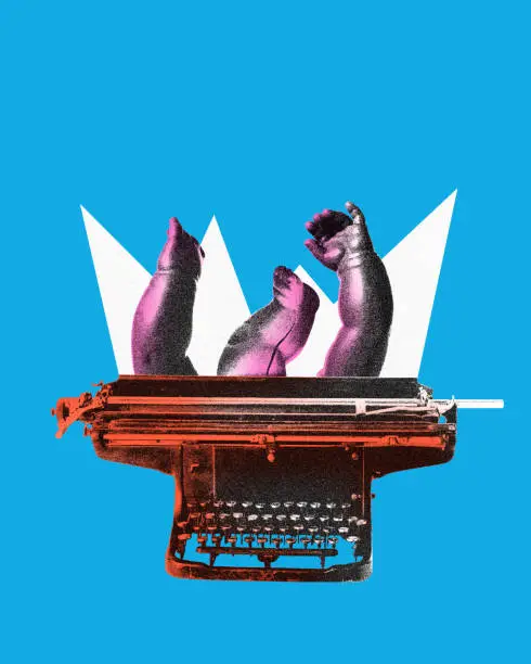 Poster. Contemporary art collage. Vintage keyboard, typing machine with baby-doll's hands and legs isolated blue background. Image in old paper style. Concept of youth culture, retro, technology.