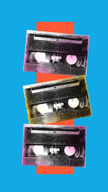 Poster. Contemporary art collage. Creative artwork. Three vintage cassettes in modern old paper style, filter isolated blue orange background. Poster. Contemporary art collage. Creative artwork. Three vintage cassettes in modern old paper style, filter isolated blue orange background. Concept of youth culture, retro, technology. Copy space walkman cassette stock pictures, royalty-free photos & images