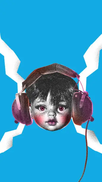 Poster. Contemporary art collage. Modern creative artwork. Head of baby-doll in vintage wired headphones isolated blue background. Image in old paper style. Concept of youth culture, retro, technology