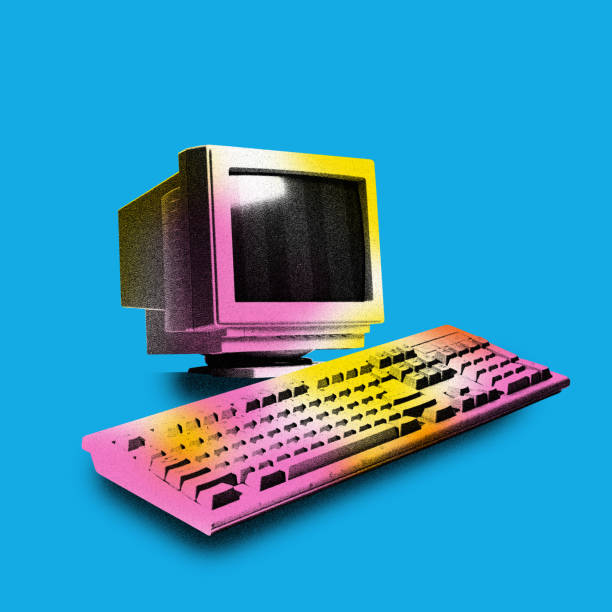 istock Poster. Contemporary art collage. Modern creative artwork. Vintage personal computer, PC isolated blue background. Image in old paper style. 1791288303