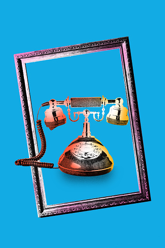 Poster. Contemporary art collage. Modern creative artwork. Elegant retro cell phone in vintage frame isolated blue background. Image in old paper style. Concept of youth culture, technology.