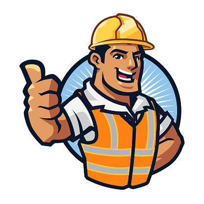 Vector illustration of a smiling male construction worker in a hard hat and high visibility vest, gesturing thumbs up