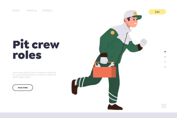 Vector illustration of Pit crew roles landing page template with maintenance technician with repair tools running